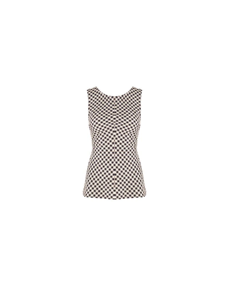 AVA BOW TOP BLACK BUTTER GINGHAM | Sleeveless cotton high neck blouse cut in a black and butter gingham. This piece turns to reveal a chic cut-out back detail with an oversized bow.