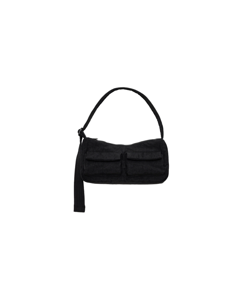 CARGO BAGUETTE BAG BLACK | Cargo style shoulder bag designed in a baguette shape. Has two outer pockets and an adjustable feature 'BAGGU' strap.