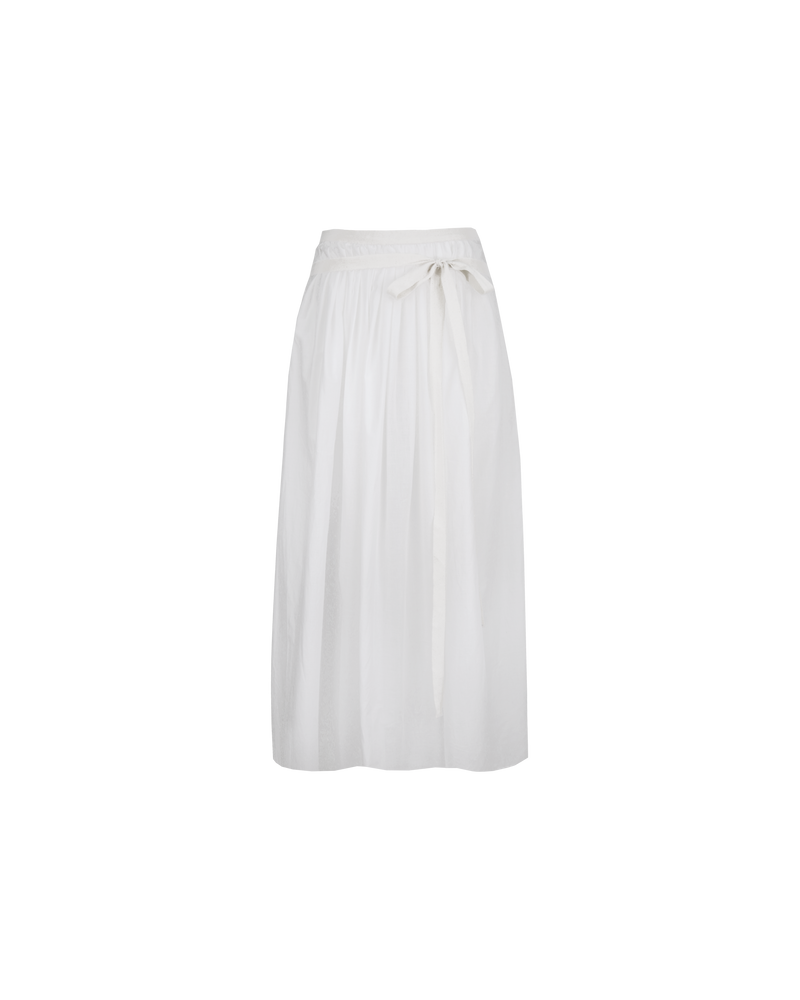 BALLERINA MAXI SKIRT WHITE | Ballerina-inspired skirt designed in a crisp cotton. This skirt has 2 waist ties, with pleat detailing at that waist that completes the Ballerina vibe.