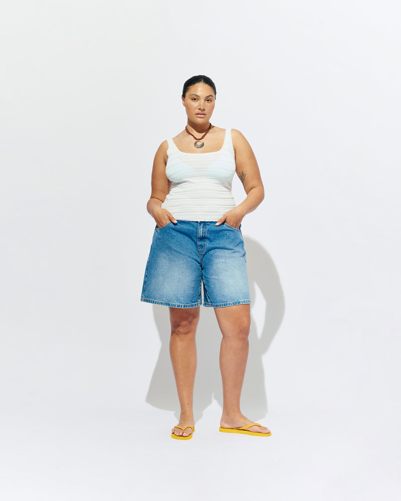 BAMBI TANK WHITE | An update on our Rubette favourite Beau Tank, the Bambi tank features a scoop neck design, in a lightweight white knit. Make it a matching set with the Bambi Cardigan or pair with your favourite shorts.