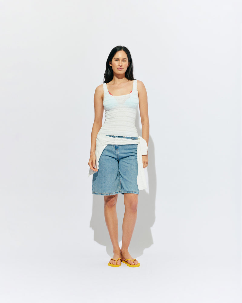 BAMBI TANK WHITE | An update on our Rubette favourite Beau Tank, the Bambi tank features a scoop neck design, in a lightweight white knit. Make it a matching set with the Bambi Cardigan or pair with your favourite shorts.