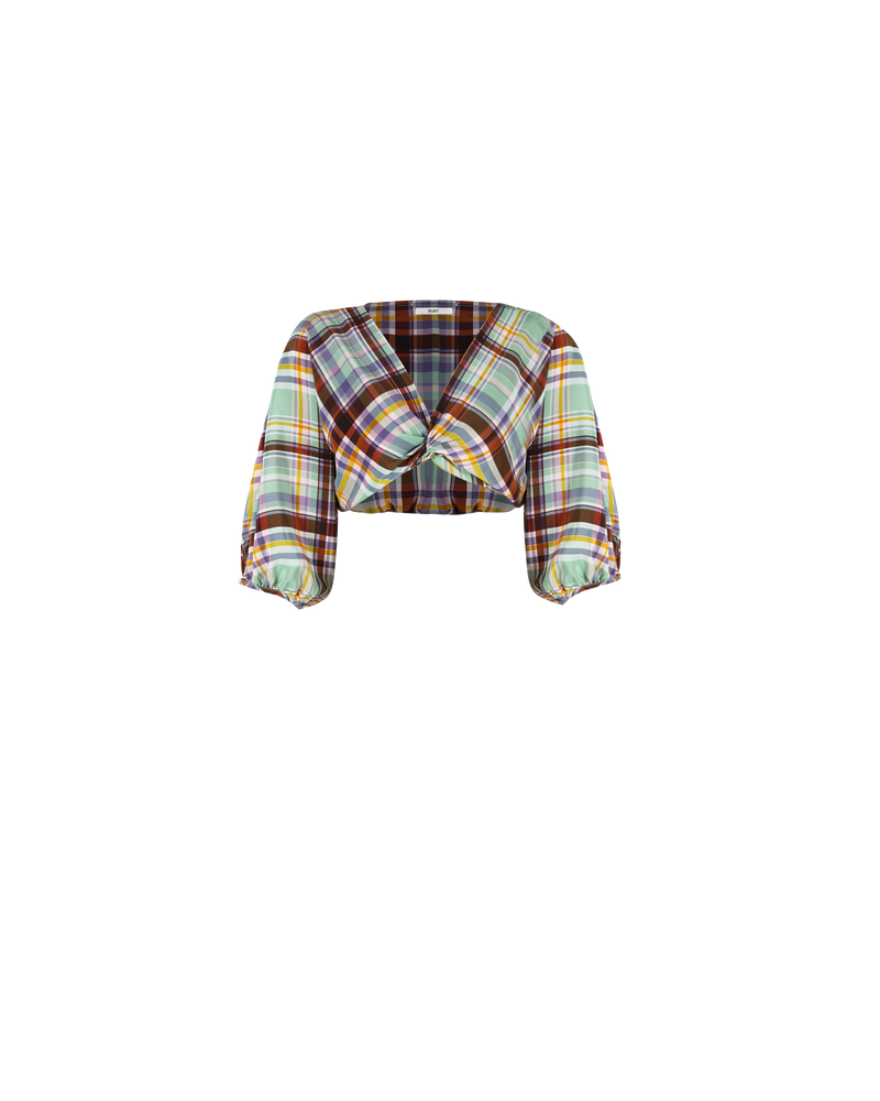 BASIL SILK CROP BLOUSE TARTAN | Cropped silk blouse with three-quarter length blouson sleeves, in a RUBY exclusive Basil tartan print. The V-neckline is secured at the front with an elegant twist.