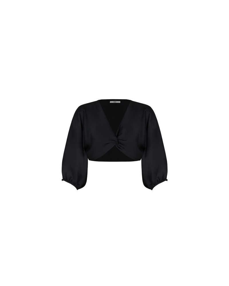 BASIL SATIN CROP BLOUSE BLACK | Cropped silk blouse with three-quarter length blouson sleeves. The V-neckline is secured at the front with an elegant twist.