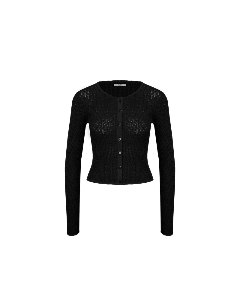 BEAU CARDIGAN BLACK | Long sleeve cardigan designed in a lattice knit. This cardigan sits slightly cropped with a high neckline. Make it a set by pairing this cardigan with the Beau Tank or...