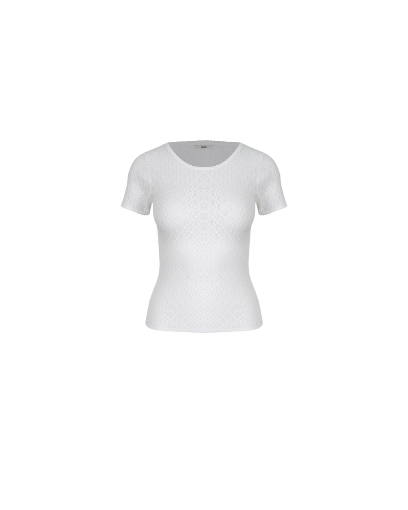 BEAU T-SHIRT WHITE | Cap sleeve t-shirt designed in a lattice knit. This t-shirt sits slightly cropped with a high neckline.