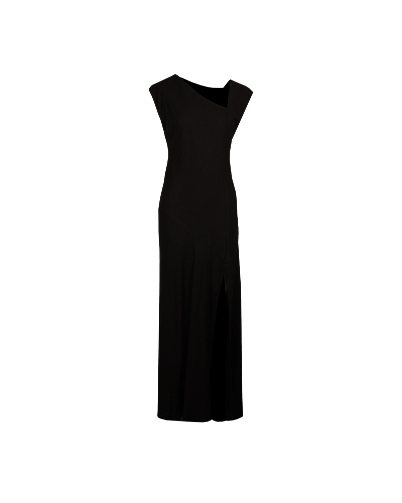 BEIGNET DRESS BLACK | Cap-sleeve maxi dress with a feature asymmetrical neckline. Has a front split for ease of movement.