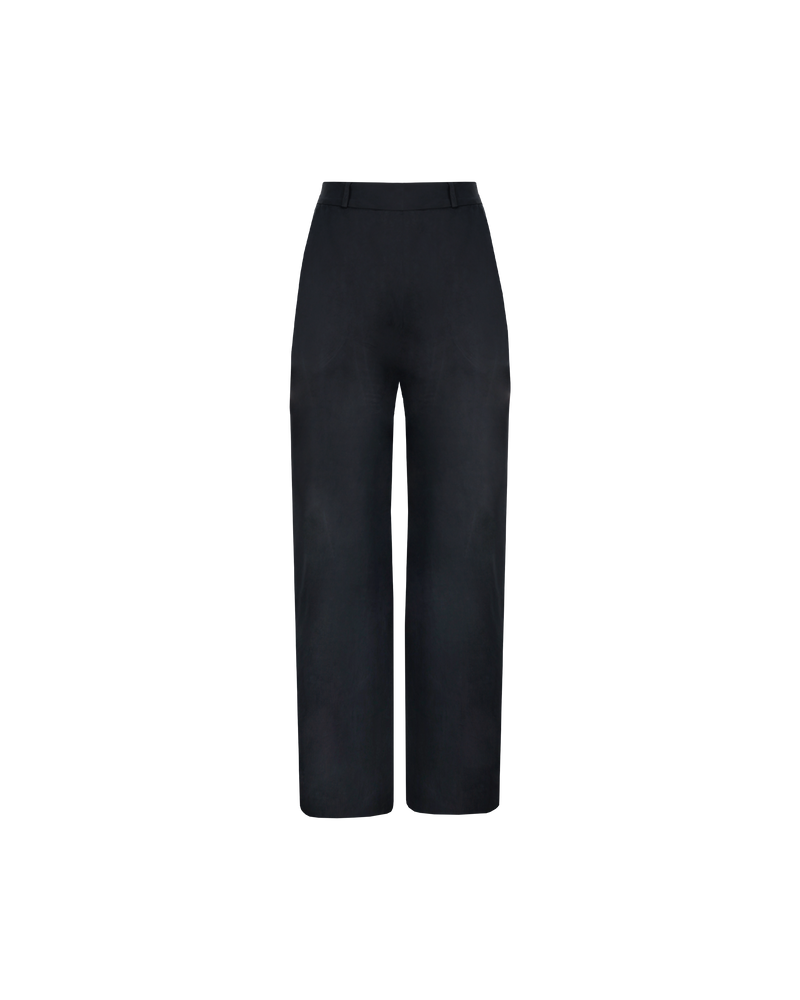 BEIGNET PANT BLACK | High-waisted straight-leg pant designed in a soft black cupro. These pants feature a waistband with belt loops and 2 side pockets.