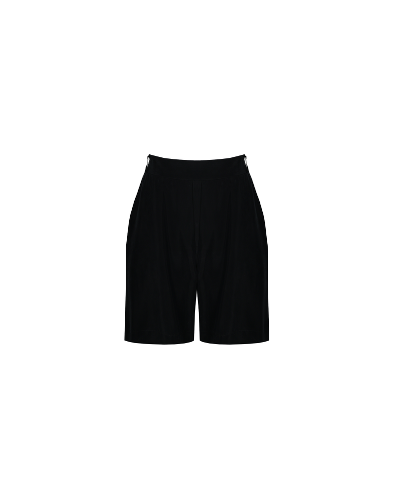 BEIGNET SHORT BLACK | Long-line relaxed short designed in a soft black cupro fabric. These shorts are designed to sit mid-waist, with a faux fly front, belt loops and back zip closure, which gives...