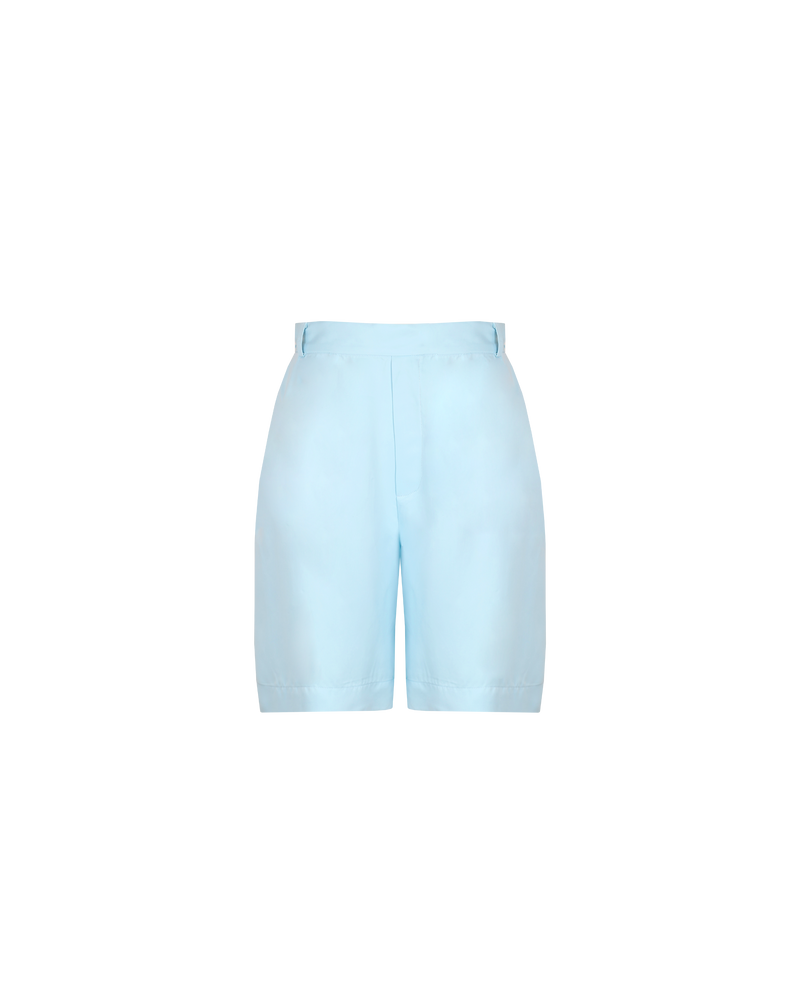 BEIGNET SHORT DOLLY BLUE | Long-line relaxed short designed in a soft black cupro fabric. These shorts are designed to sit mid-waist, with a faux fly front, belt loops and back zip closure, which gives...