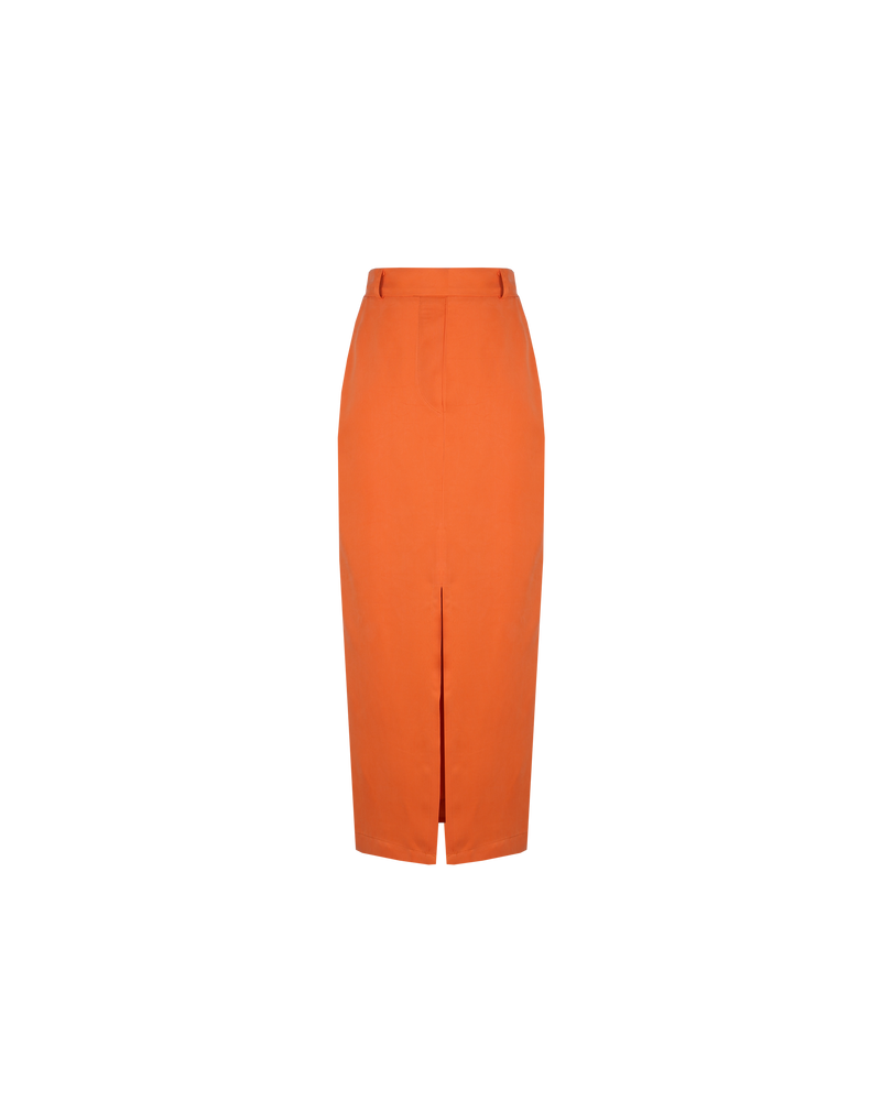 BEIGNET SKIRT ORANGEADE | Midi length pencil skirt designed in a playful orangeade cupro. With considered details such as front pockets, belt loops and an invisible back zip, the Beignet Skirt is made for...