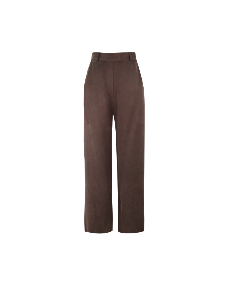 BEIGNET PANT CHOCOLATE | High-waisted straight-leg pant designed in a soft chocolate cupro. These pants feature a waistband with belt loops and 2 side pockets.