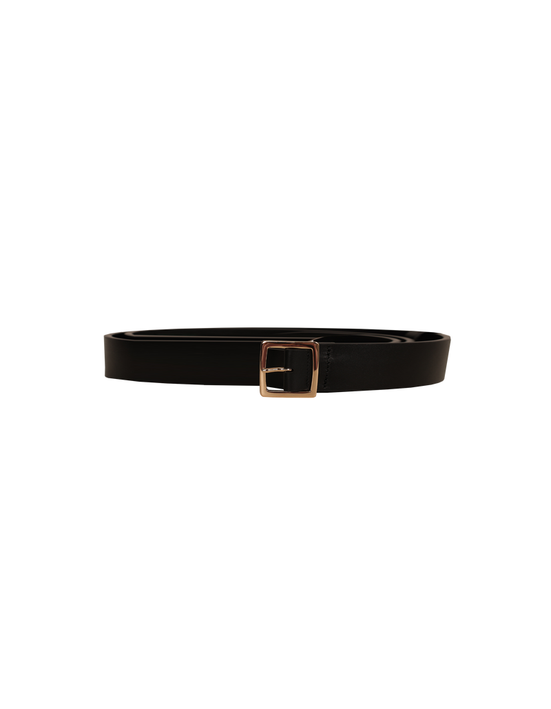 BELLA BELT BLACK | Narrow width, 100% leather belt with a rose gold square buckle. Features an embossed RUBY logo on the underside of the belt.