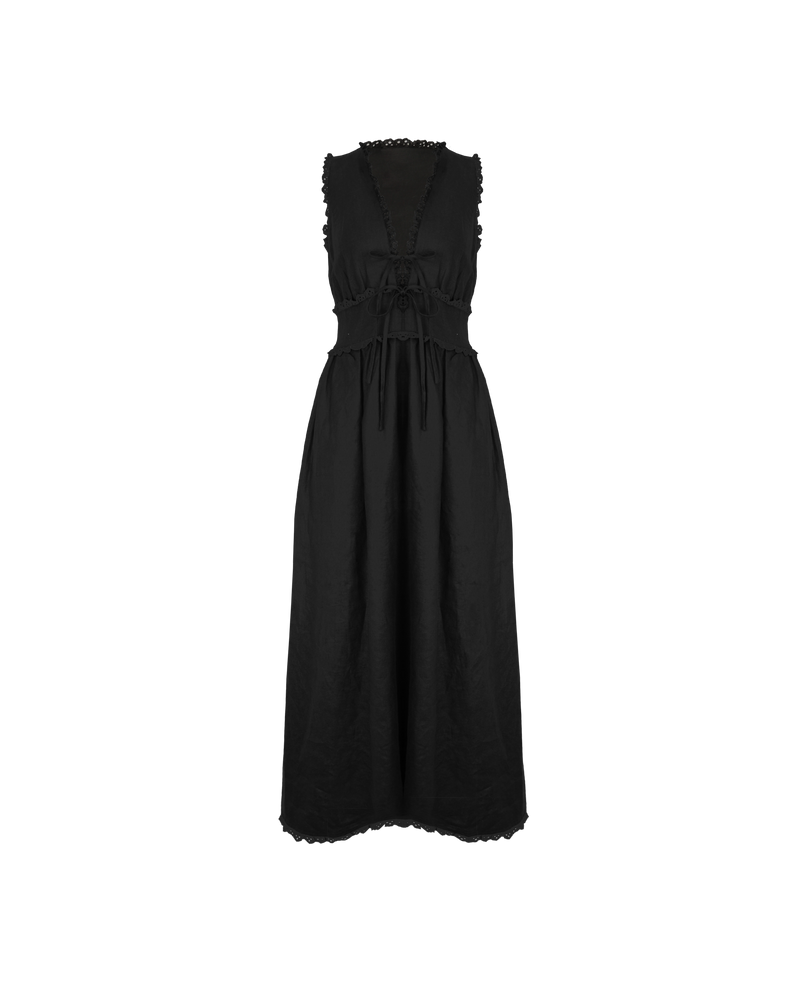 BENNY TIE DRESS BLACK | An update on a Rubette favourite, this maxi dress is imagined in a soft linen with lace trim detailing. Features a panel detail at the waist with two ties and...