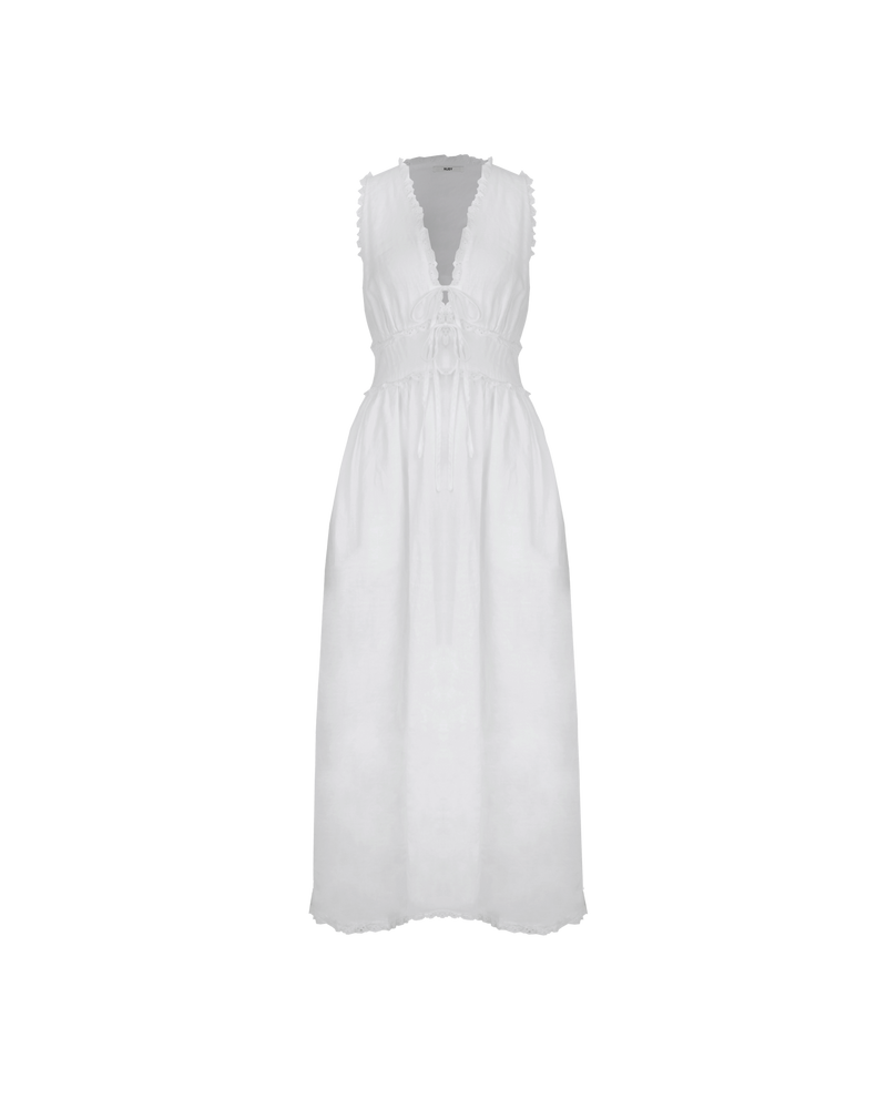 BENNY TIE DRESS WHITE | An update on a Rubette favourite, this maxi dress is imagined in a soft linen with lace trim detailing. Features a panel detail at the waist with two ties and...