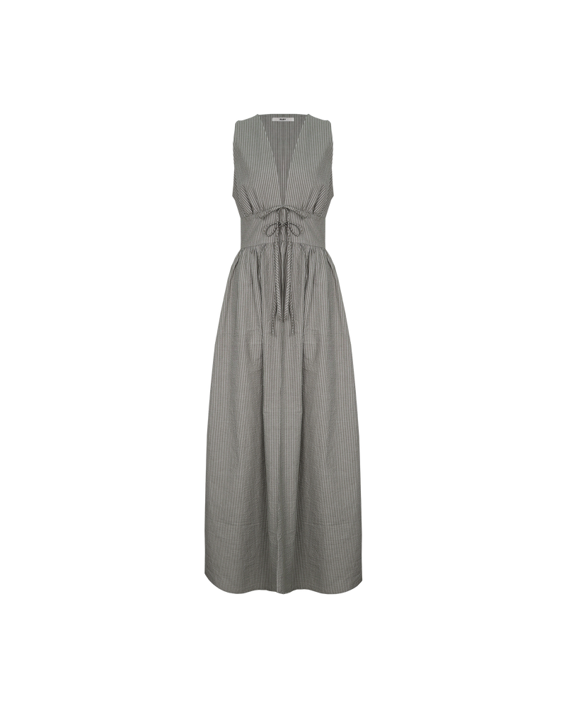 BENNY TIE DRESS KHAKI STRIPE | This dress features a panel detail at the waist two ties and falls into an A-line skirt, giving a floaty, beachy look.