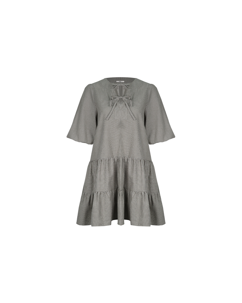 BENNY TIERED DRESS KHAKI STRIPE | Shirt style tiered mini dress designed in a khaki striped cotton. Features a dropped waist with tiers, ties at the neckline and, elasticated sleeve cuffs to give a subtle puff...