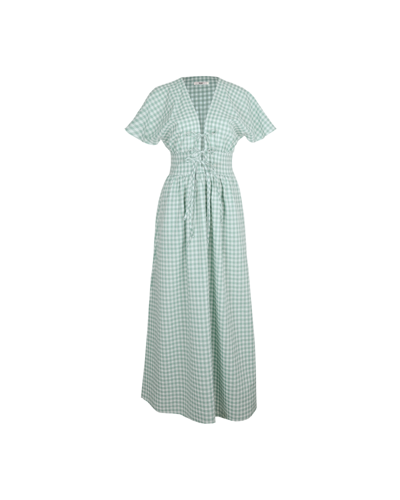 BENNY SHORT SLEEVE DRESS SAGE GINGHAM | V-neck midi dress that ties at the bust, made in a lightweight cotton gingham. Fitted around the waist flowing to an A-line skirt, this dress is a timeless piece.