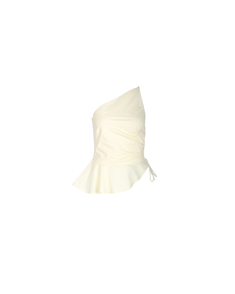 BETTINA COTTON TOP BUTTER | One shoulder cotton top with tie side gathering that can be cinched to adjust the length. The asymmetrical shape creates structure, while the peplum ruffle at the bottom hem adds...