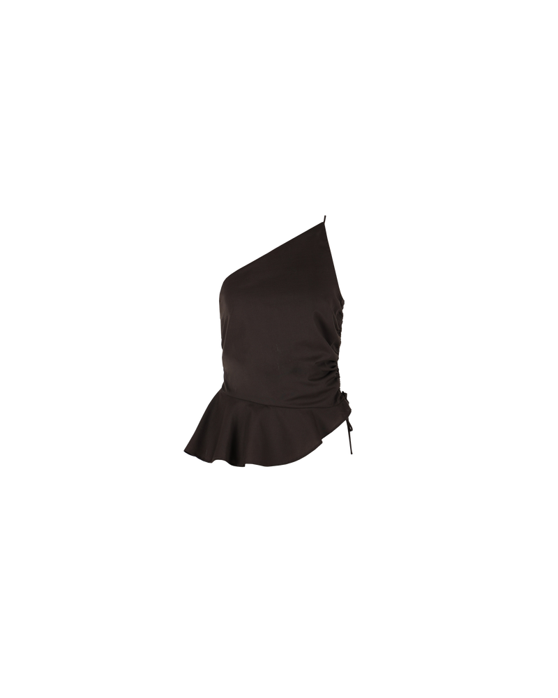 BETTINA COTTON TOP CHOCOLATE | One shoulder cotton top with tie side gathering that can be cinched to adjust the length. The asymmetrical shape creates structure, while the peplum ruffle at the bottom hem adds...