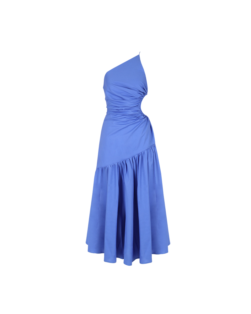 BETTINA CUT OUT DRESS PERIWINKLE | Asymmetrical one shoulder midi dress with a circular cut-out at waist in a striking Baja blue cotton. This dress is designed to be a stand out.