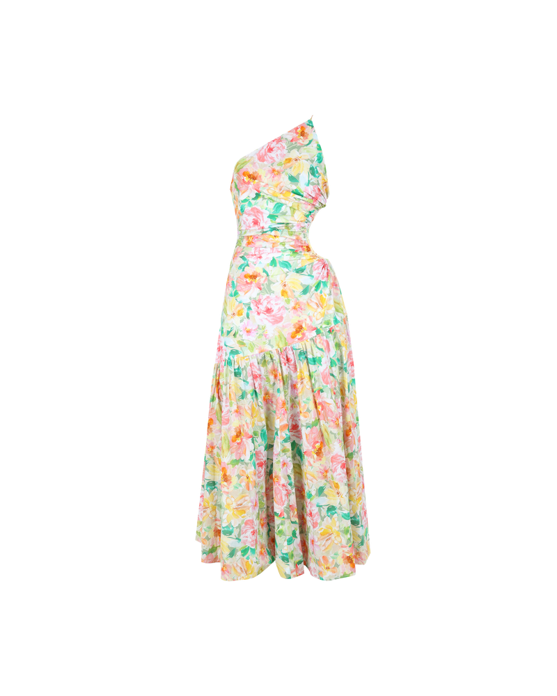 BETTINA CUT OUT DRESS GARDEN | Asymmetrical one shoulder midi dress with circular cut-out at waist in a Rubette favourite, the bettina floral. This dress is designed to be a stand out.