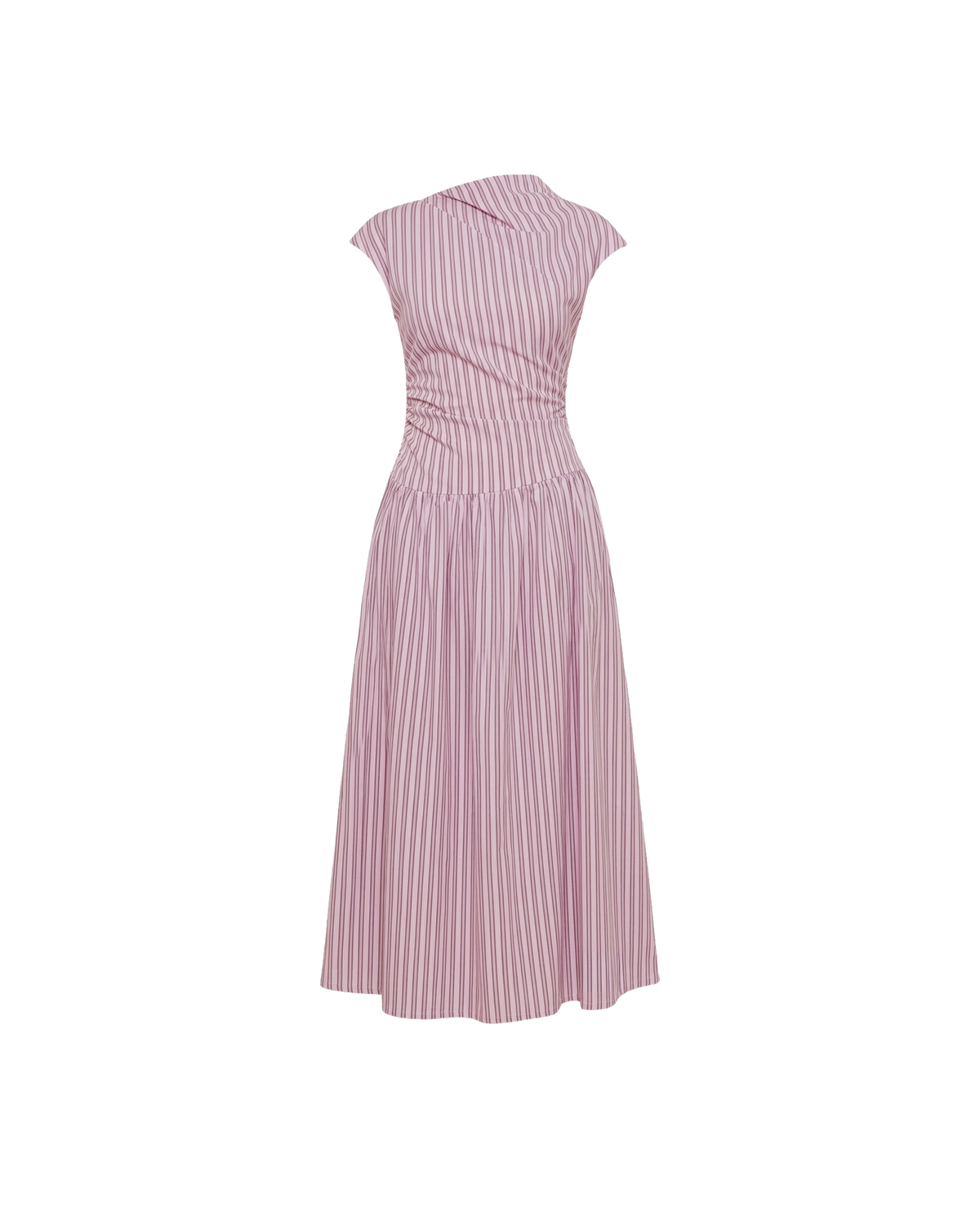 BIRDIE MAXI DRESS PINK LADY STRIPE | Drop waist maxi dress designed in our organic cotton pink lady stripe. Featuring a high neck collar, pleated skirt and a gather detail on the lower back designed for better fit and movement. Layer with your favourite knitwear or our Coco Blazer...