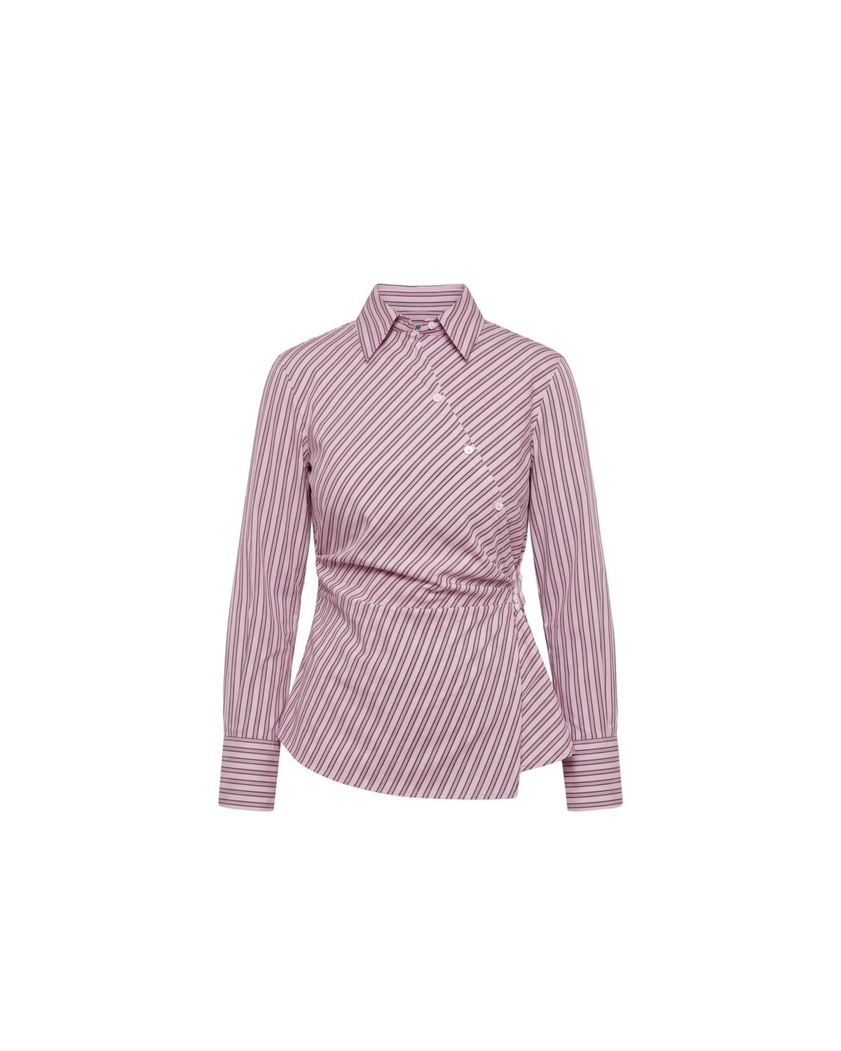 BIRDIE SHIRT PINK LADY STRIPE | Statement long sleeve wrap shirt designed in our organic cotton pink lady stripe. Featuring a high collar, asymmetrical buttons and a cinched waist, this top will be a staple in your workwear rotation. Make it a matching set with our...