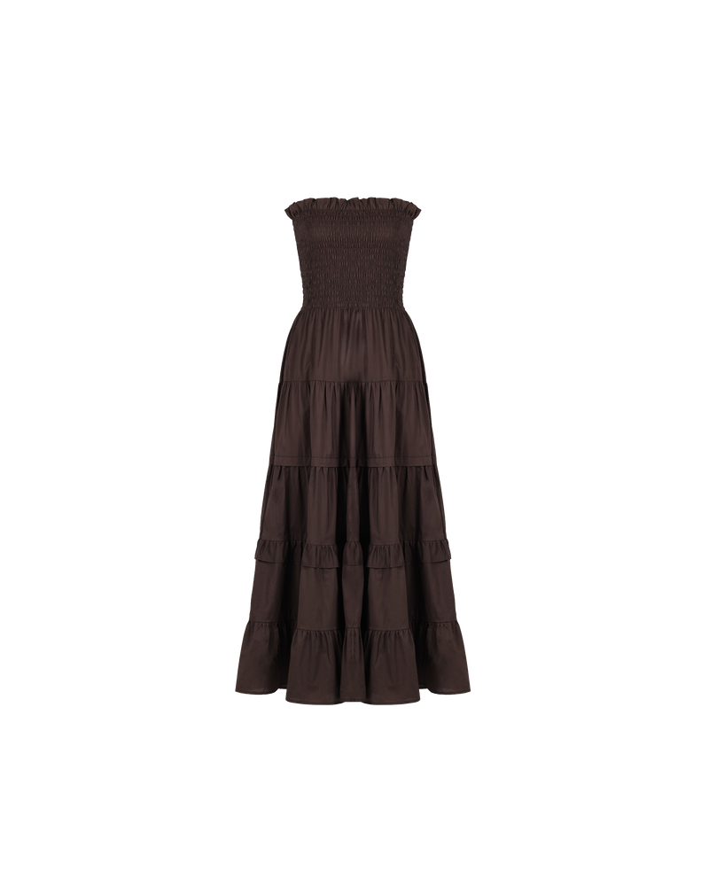 BIRD MAXI DRESS JAVA | Strapless maxi dress with a shirred bodice for a close and flexible fit, and skirt that falls in loose tiers. The contrast of the fitted bodice against the flared skirt...