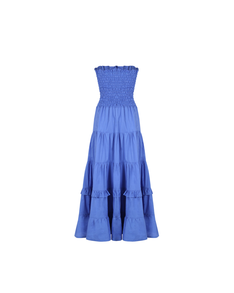 BIRD MAXI DRESS PERIWINKLE | Strapless maxi dress with a shirred bodice for a close and flexible fit, and skirt that falls in loose tiers. The contrast of the fitted bodice against the flared skirt...