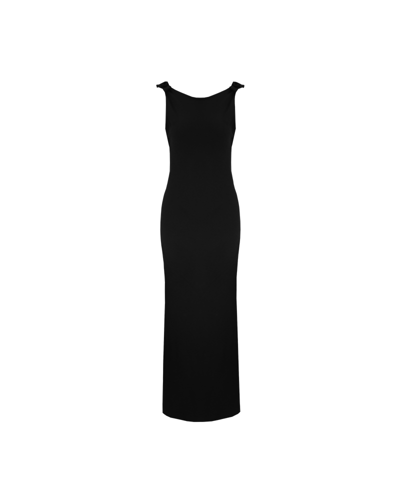BLACK TIE GOWN BLACK BLACK | The iconic Black Tie Gown returns, in our signature firebird crepe. This gown features a bias cut, a plunging cowl back, and bow detailing at the shoulders. 
