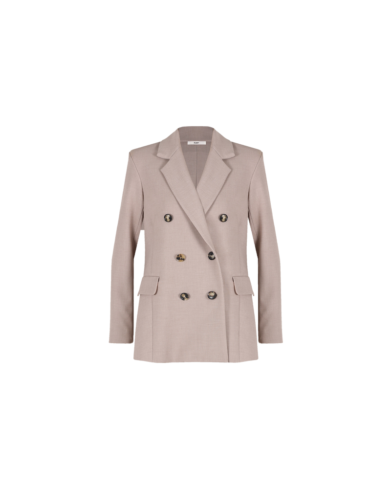 SATURN BLAZER OATMEAL | Relaxed double breasted blazer with a boxy shape, designed in a fresh oat coloured suiting with contrast tortoiseshell buttons. Designed for a loose fit with notched lapels and slightly structured...