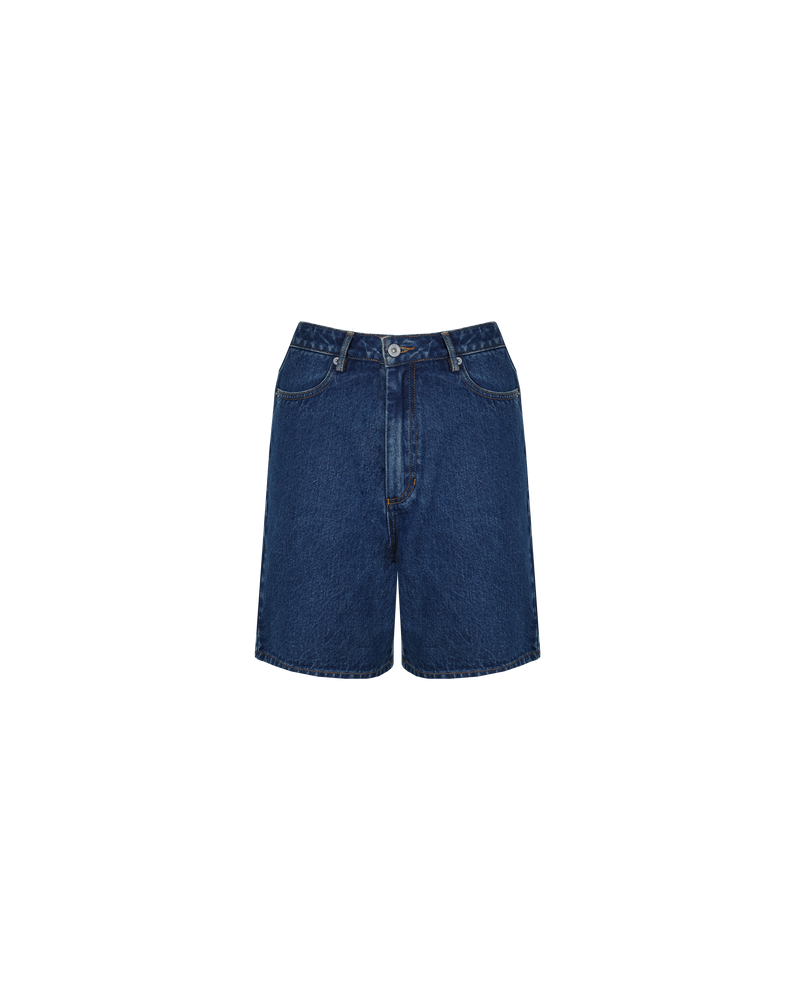 BLINK DENIM SHORT INDIGO | Vintage inspired low waisted short designed in an indigo mid-weight cotton denim. Sitting slightly A-line, this piece offers a longer length & relaxed fit.