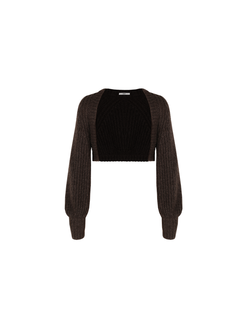 BOBBI SHRUG CHOCOLATE | Chunky knit shrug with blouson sleeves designed in a warm and soft chocolate wool blend. This shrug is the perfect cosy layering piece.