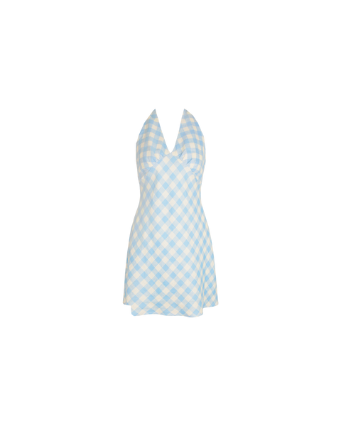 MORGAN LINEN MINI DRESS BLUE LINEN GINGHAM | RUBY