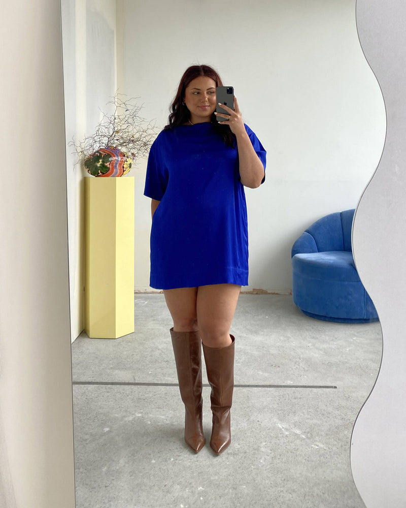 RSR SAMPLE 3229 ERCOLINI T-SHIRT MINI DRESS | RUBY Sample Ercolini T-Shirt Mini Dress in cobalt. Size 14. One available. Isla usually wears a size 16.