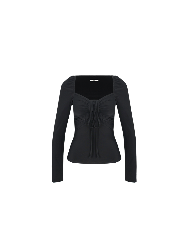 BOBBI TIE LONG SLEEVE BLACK | Long sleeve stretch knit top with a drawstring feature at the neckline. The drawtstring can be used to create ruching and can be styled tied at the bust or around the...