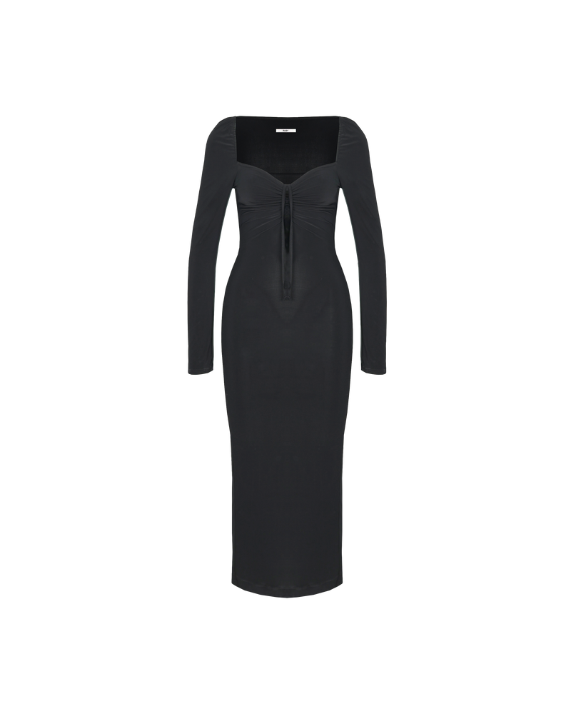 BOBBI TIE DRESS BLACK | Longsleeve stretch knit dress with a drawstring feature at the neckline. The drawtstring can be used to create ruching and can be styled tied at the bust or around the...