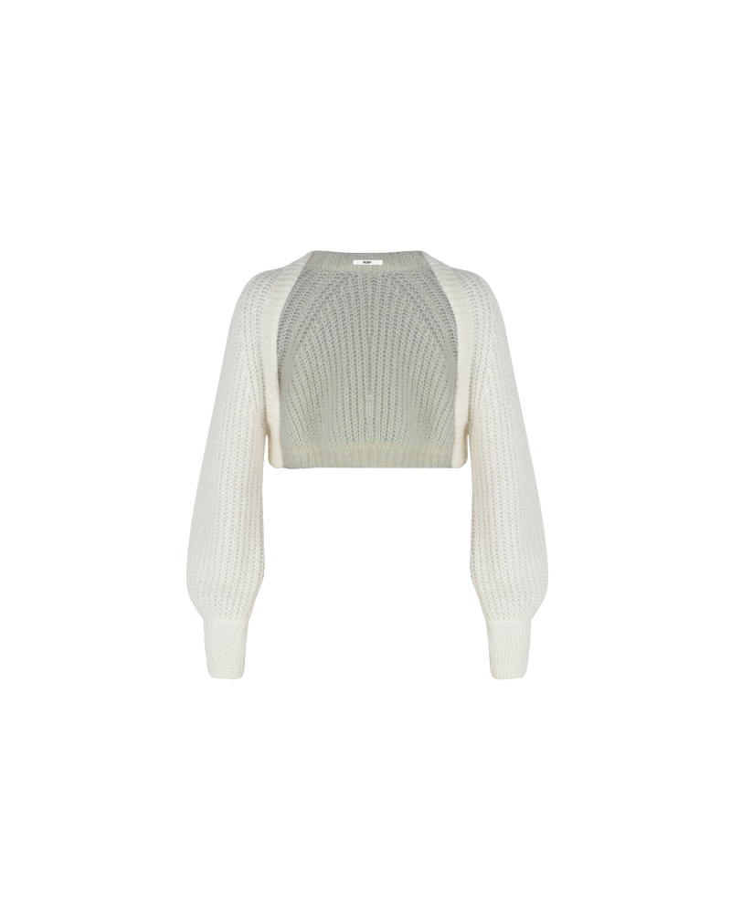 BOBBI SHRUG IVORY | Chunky knit shrug with blouson sleeves designed in a warm and soft cream wool blend. This shrug is the perfect cosy layering piece.