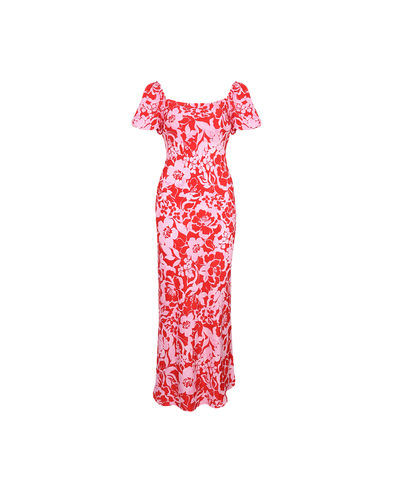 BOBBI SILK MIDI DRESS CHERRY FLORAL | Bias cut silk midi dress designed in our vibrant cherry floral. Features a straight neckline and puff sleeves that compliment the floral print.