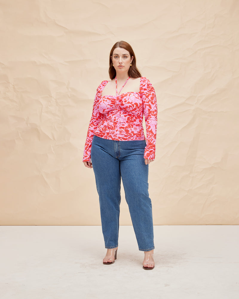 BOBBI TIE LONG SLEEVE  CHERRY FLORAL | Sqaure neck long sleeve knit top designed in a vibrant cherry floral print. A simple staple elevated with the ties that gather down the centre front.