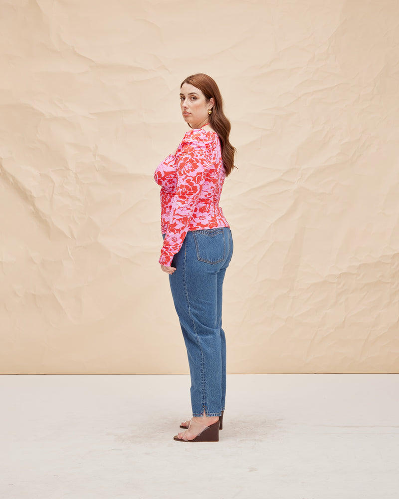 BOBBI TIE LONGSLEEVE  CHERRY FLORAL | Sqaure neck long sleeve knit top designed in a vibrant cherry floral print. A simple staple elevated with the ties that gather down the centre front.