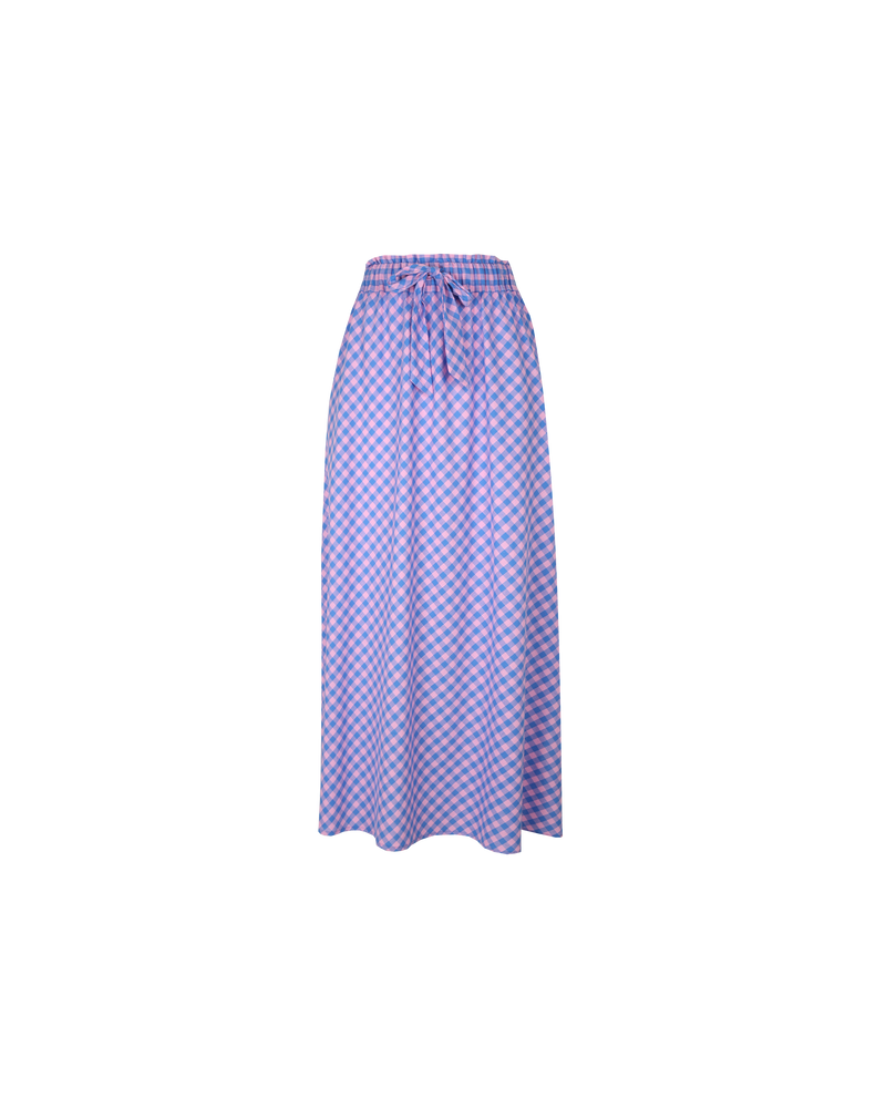 BON GINGHAM SKIRT PINK BLUE GINGHAM | Maxi skirt with a shirred elastic waistband designed in a pink and blue gingham cotton. Features a side split and bow tie at the waistband.