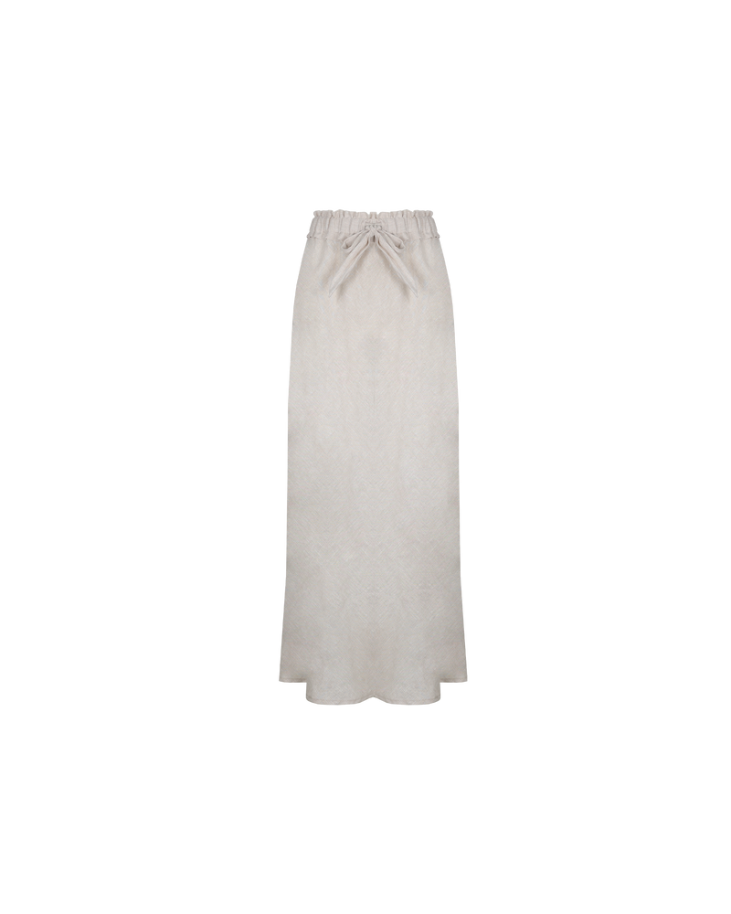 BON LINEN SKIRT NATURAL | Maxi skirt with a shirred elastic waistband designed in a natural coloured linen. Features a side split and bow tie at the waistband.