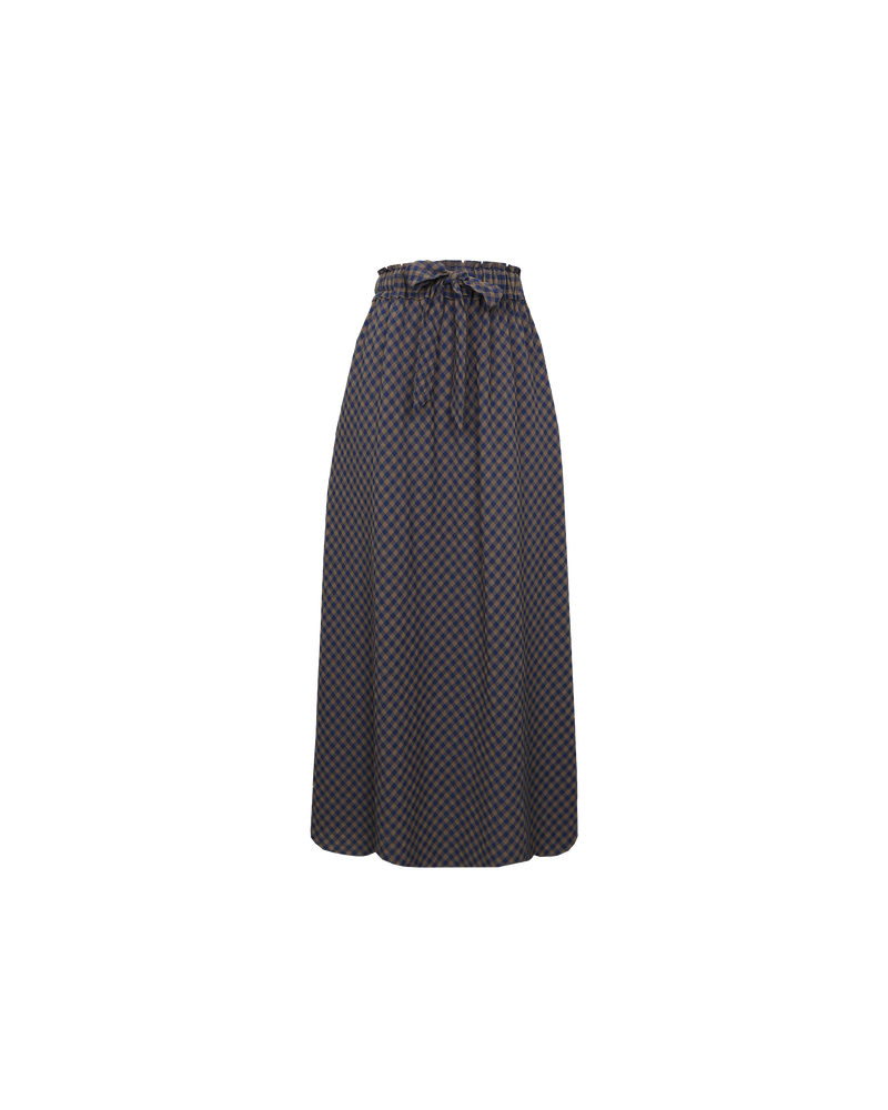 BON GINGHAM SKIRT NAVY BROWN GINGHAM | Maxi skirt with a shirred elastic waist band designed in a navy and brown cotton gingham. Features a side split and bow tie at the waistband.