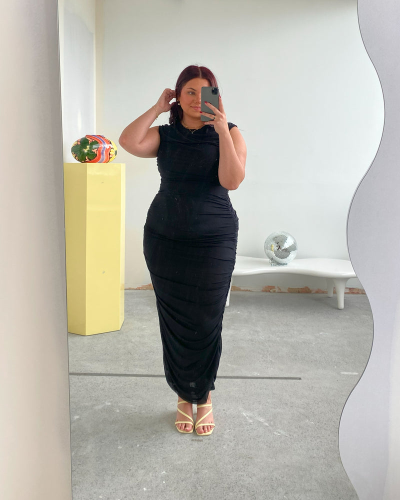 RSR SAMPLE 3047 BOUNCE MESH TANK DRESS | RUBY Sample Bounce Mesh Tank Dress in black. Size 16. One available. Isla is 170cm tall and usually wears a size 16. She measures: BUST: 113cm, WAIST: 100cm, HIP: 129cm