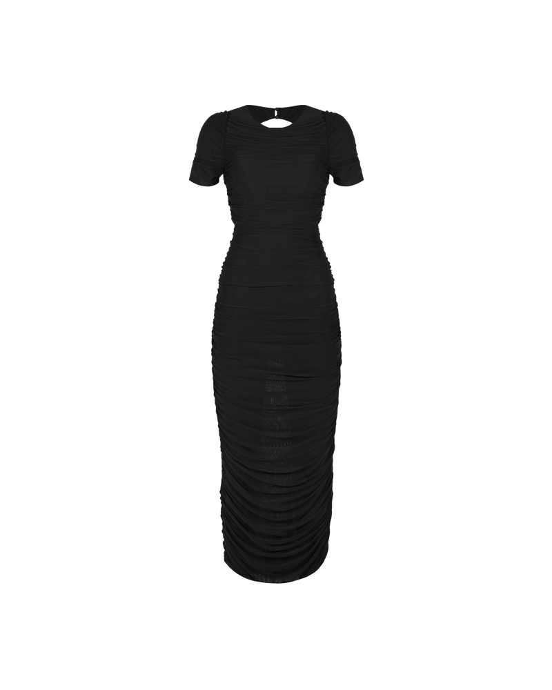 BOUNCE MESH DRESS BLACK | Form fitting mesh t-shirt dress with gathered side seams that create a ruching, gently accentuating the contours of your silhouette. Created in a generously stretchy fabric, this dress turns to...