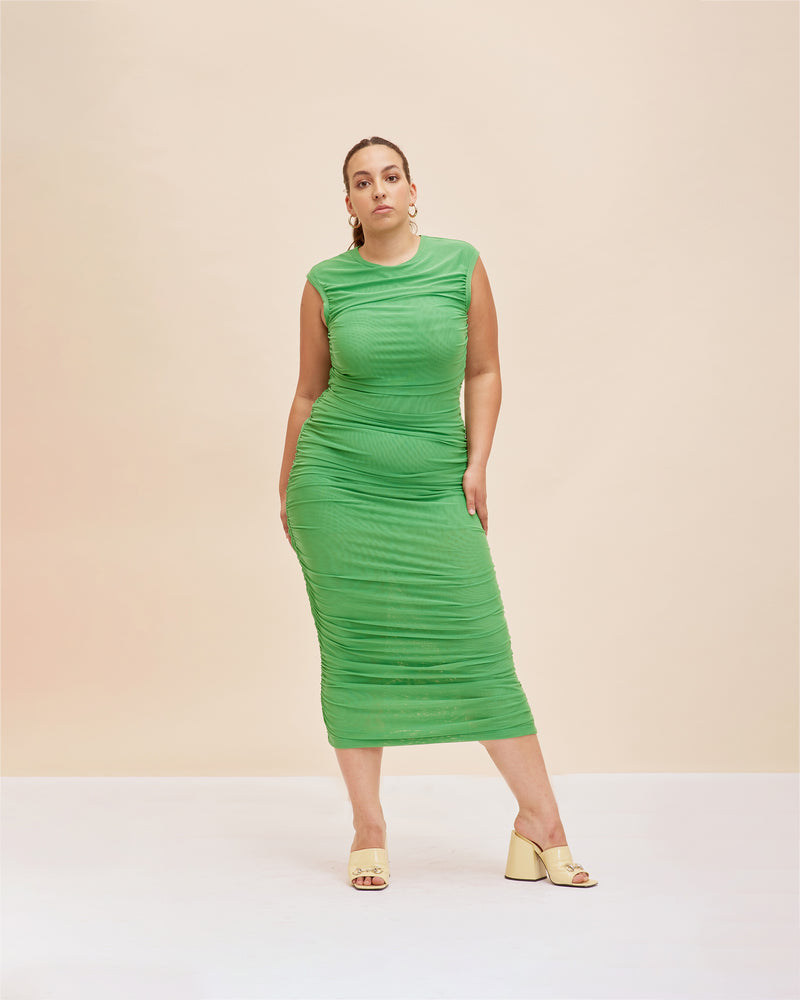 BOUNCE MESH TANK DRESS GREEN | Mesh tank style maxi dress in a bold green shade. Features ruching down both side seams to create texture and shape whilst making you look seriously good.