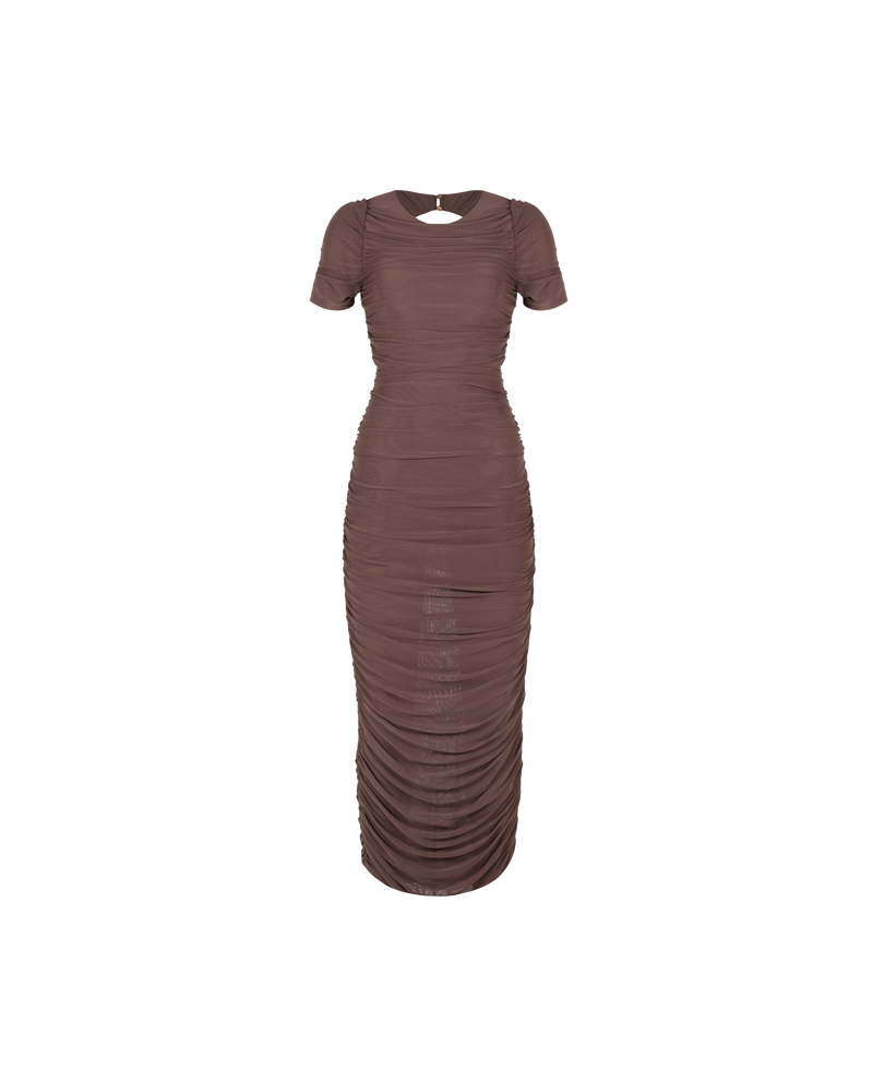 BOUNCE MESH DRESS BROWN SUGAR | Form fitting mesh t-shirt dress with gathered side seams that create a ruching, gently accentuating the contours of your silhouette. Created in a generously stretchy fabric, this dress turns to...
