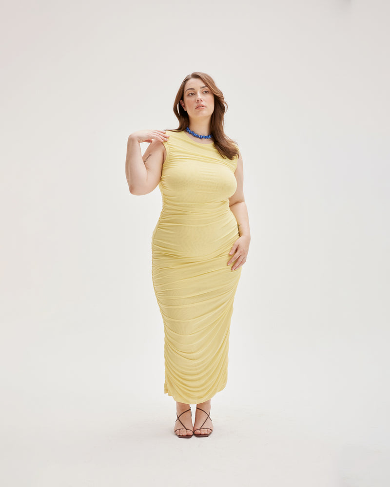 BOUNCE MESH TANK DRESS SUN | Mesh tank style maxi dress in a bright sunshade. Features ruching down both side seams to create texture and shape whilst making you look seriously good.