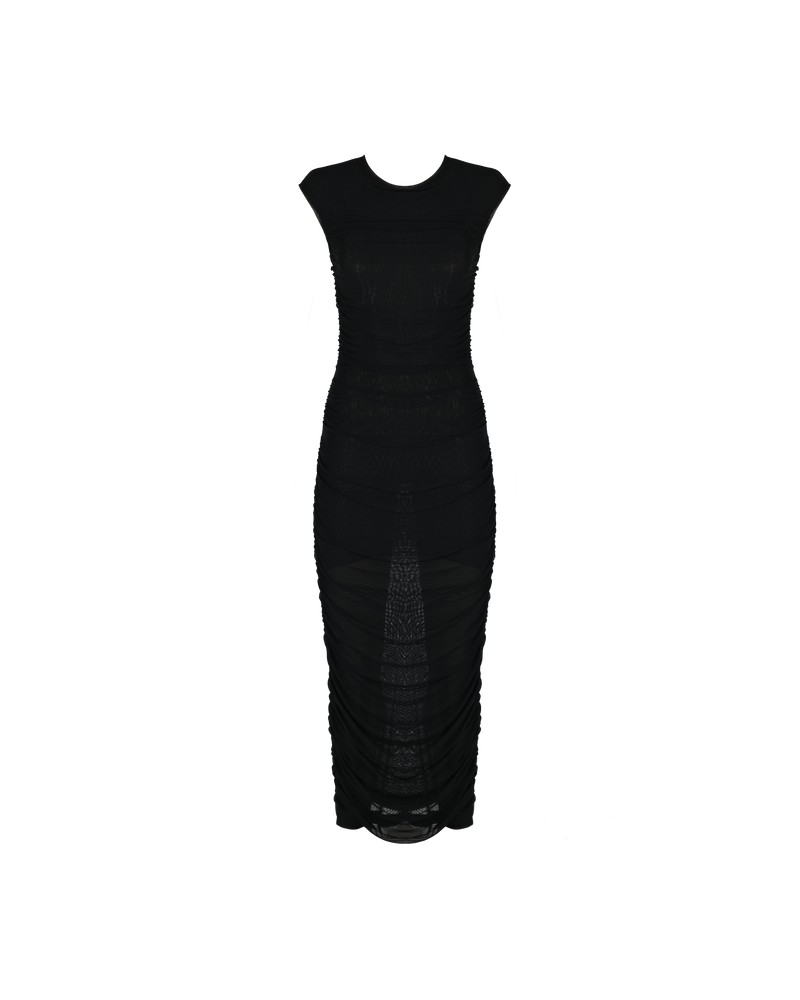 BOUNCE MESH TANK DRESS BLACK | Mesh tank style maxi dress in classic black. Features ruching down both side seams to create texture and shape whilst making you look seriously good.